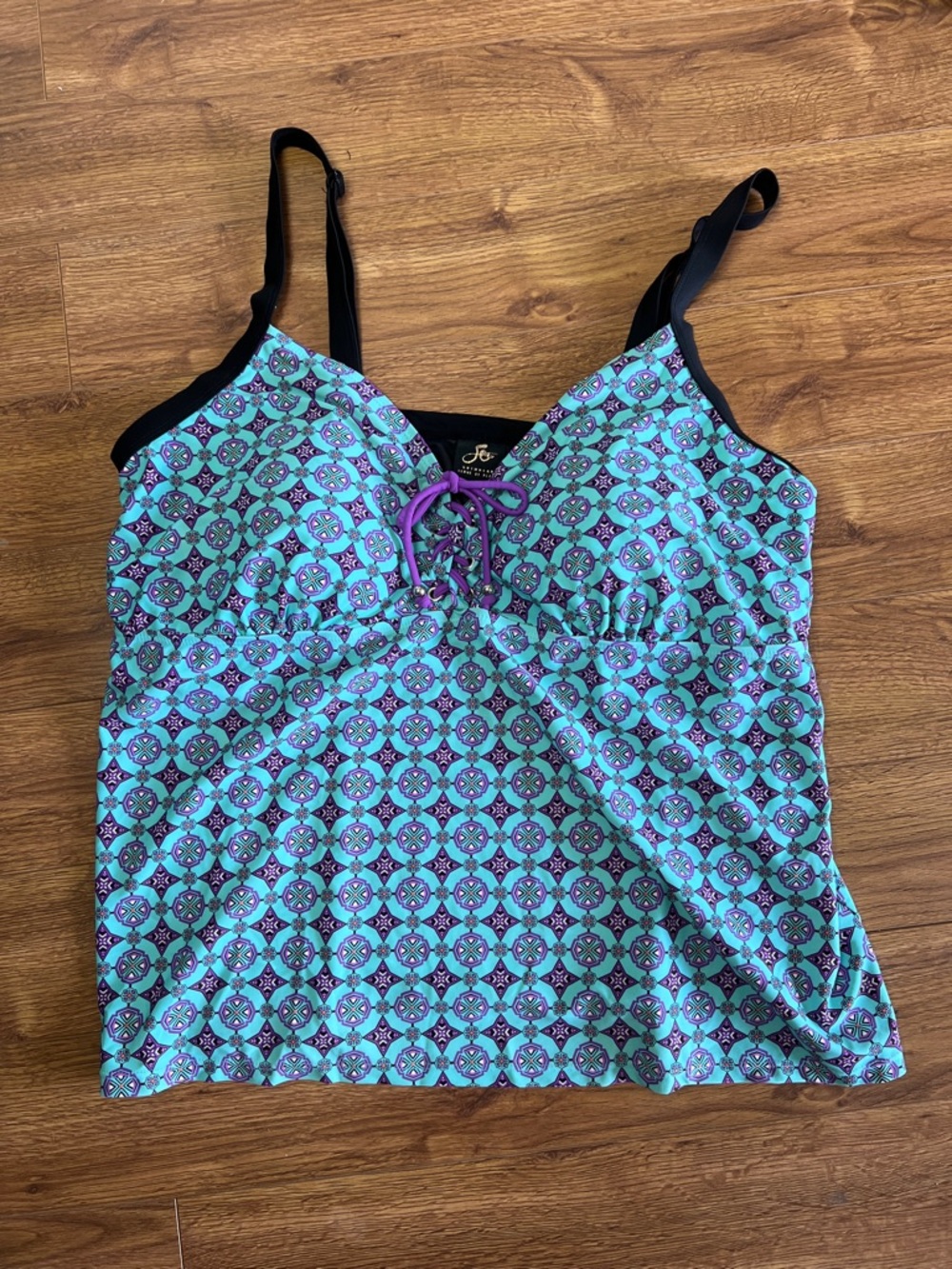 Sea Turquoise Geometric Swim Top Camisole with Black Straps and Purple Tie